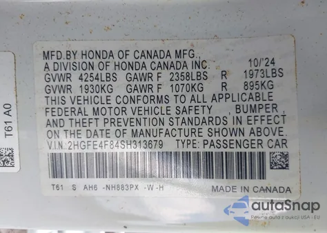 2025 Honda Civic Hybrid Sport/Sport Touring z USA, uszkodzony, nr VIN 2HGFE4F84SH313679